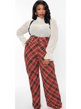 Unique Vintage Red & Brown Plaid Wide Leg Suspender Pants